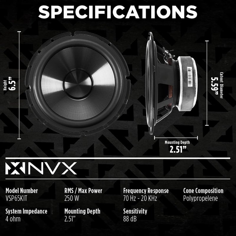 NVX VSP65KIT 750W Peak (250W RMS) 6.5" V-Series 2-Way Component Speaker System with 25mm Silk Dome Tweeters - Image 3